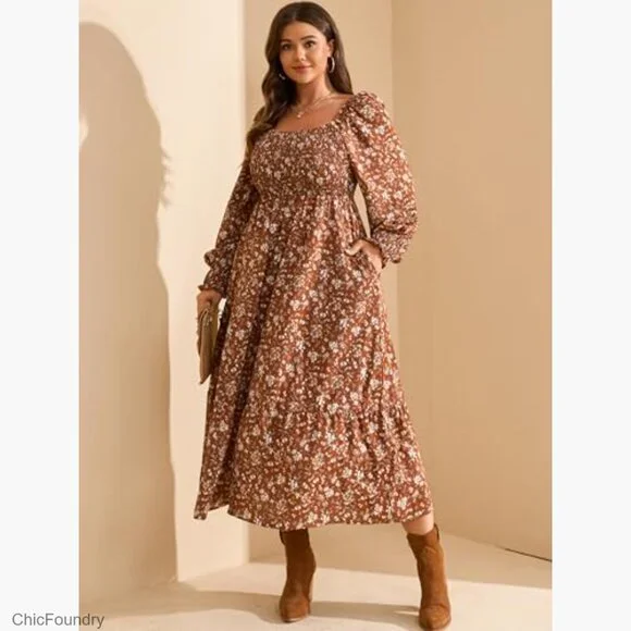 Plus Size Long Sleeve Maxi Dress Smocked Bodice Pockets Flowy A-Line - Picture 3 of 7